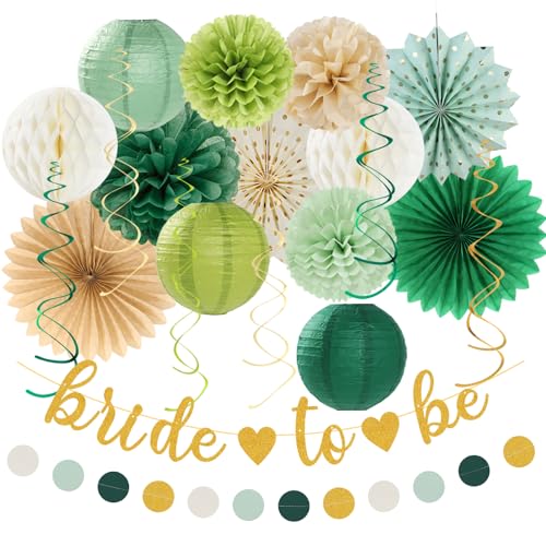 Image of Sage Green Champagne-Gold Bachelorette Party-Decorations - 21pcs Baby Bridal Shower Banner Garland, Bride To Be Paper Streamers Lanterns,flower Tissue Pom Poms Fan,Wedding Backdrop Decor Huglony