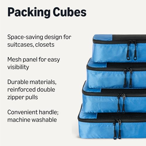 Image of Amazon Essentials 4-Piece Space-Saving Packing Cubes Travel Accessories Set, Suitcase Organizer with Double Zipper, Mesh Top, Small, Sky Blue (Previously Amazon Basics)
