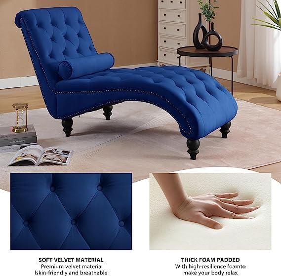 Miniatura 6 de RXRRXY Moderna tumbona de terciopelo para interiores con ribete de cabeza de clavo, sillón sin brazos con botones para interior con almohada lumbar