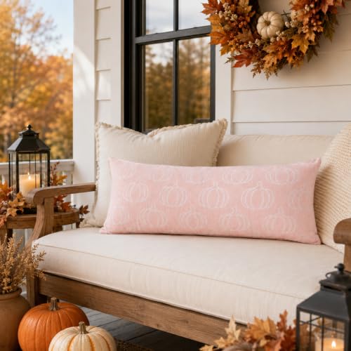 Image of Fall Pumpkin Chenille Pillow Covers,Autumn Decor (Pink,14x36) | Double-sided pumpkin and plaid designs, thick chenille texture, hidden zipper, for couch, sofa, bed, farmhouse autumn decor
