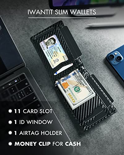 iwantit Airtag Wallet for Men, Genuine Leather Wallet with Stealth Pocket for Airtag,RFID Blocking Wallet with ID Window and Money clip for 14 Cards,Apple Airtag Wallet with Gift Box (Carbon)2
