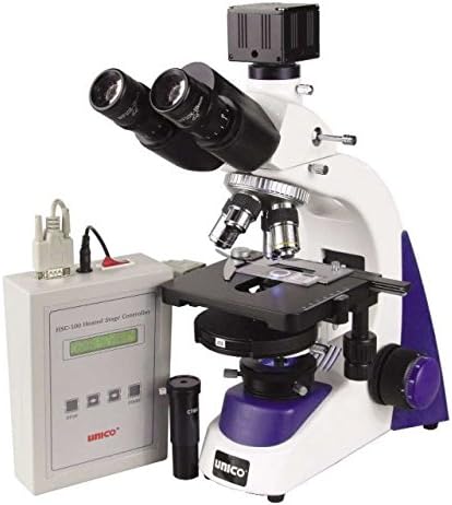 UNICO G395-LED Microscope, Binocular, 10X Wide Field Eyepiece, 4X, 10X, 40X, 100X, Plan, NA 1.25 Condenser, S-P Phase Heated Stage, LED Illuminated