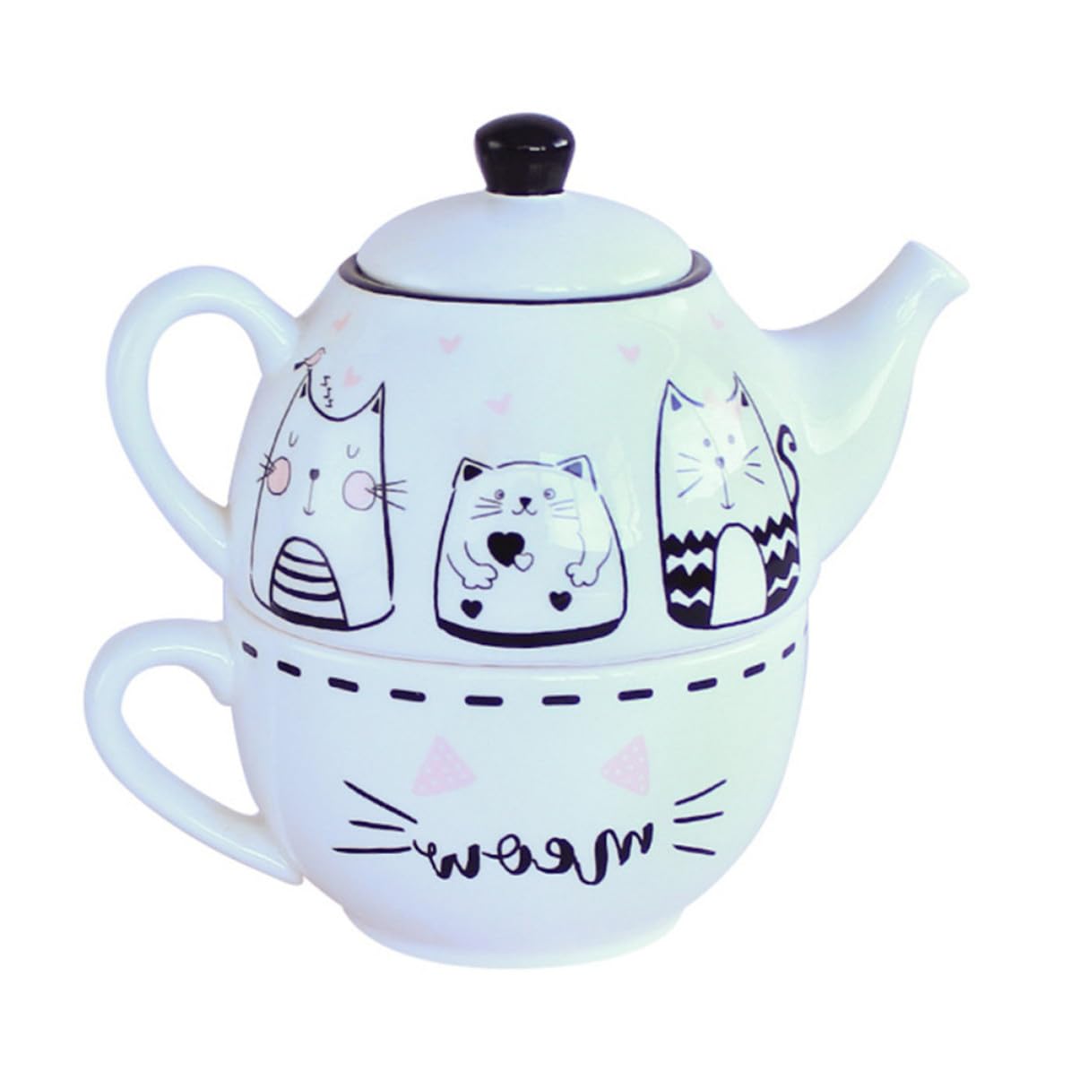 Théière en Céramique Tasse à Thé Motif Chat Noir et Blanc, Ensemble Créatif et Élégant pour Maison, Décoration Intérieure et Amateurs de Thé