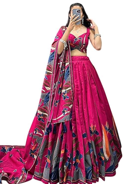 dharm choice Women's Trending Designeer Tussar Silk Lehenga Choli Print with Foil Work With Unstitched Blouse Patola Print Adorned with Foil Work For Navrati || Wedding (1216 PINK)-picture-11