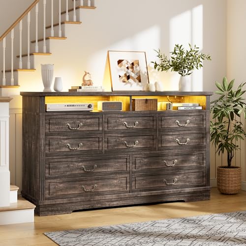 EnHomee 55.2''W Dresser for Bedroom, Wood Dresser with LED &