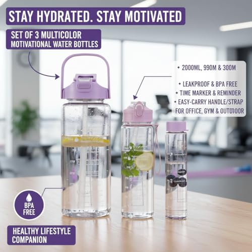 Image of Plastic Set Of 3 Transparent Water Bottle 2000ML, 900ML, 300ML With Motivational Time Marker, Leakproof Durable Sipper Water Bottle For Office, School, Gym (Multicolor)