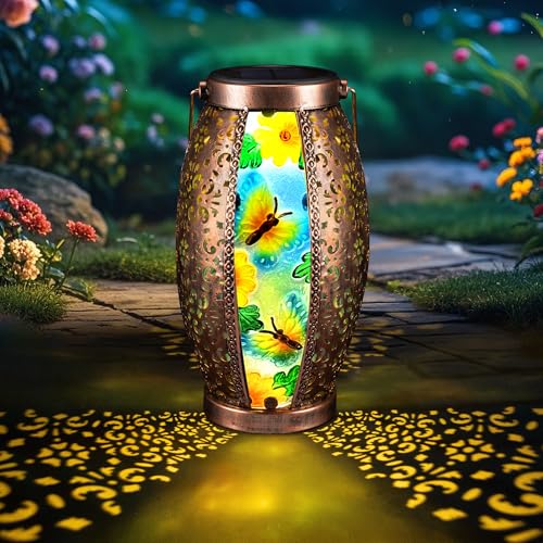 Outdoor Solar Lantern, Glass & Metal Hanging Lantern Outdoor Solar Light Stained Waterproof Tabletop Solar Lantern Lamp with Hollowed-Out Design for Patio Table Garden (Butterfly)