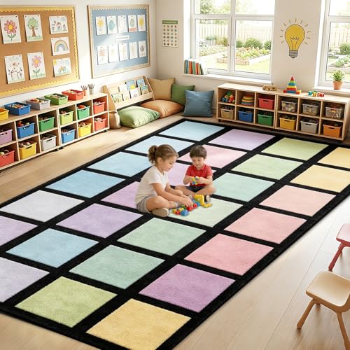 7.6x12 ft Large Pastel Color Squares Classroom Rug Colorful Educational Area Mat Happy Squares Rainbow Color Themed Play Carpet Back to School Learning Mat for Preschool Nursery Kindergarten(Pastel)