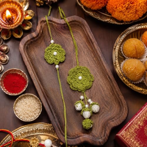 Image of Handmade Crochet Green Flower Rakhi for Brother | Premium Cotton Thread Floral Designer Rakhi with Pearl Beads | Soft Skin-Friendly Lightweight Raksha Bandhan | Traditional Handcrafted Gift