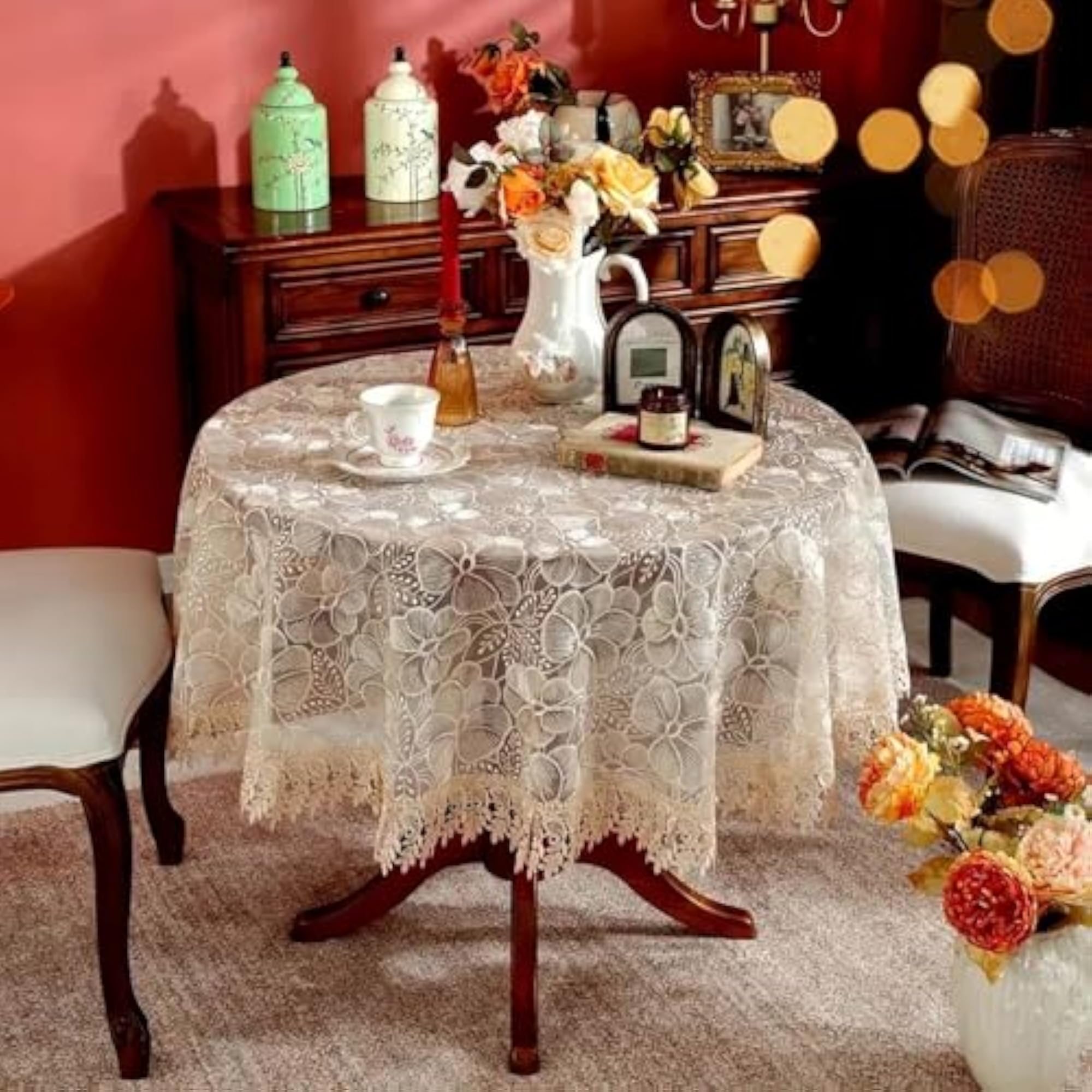 Tissue Embroidery Floral Design Table Cover for 4 Seater