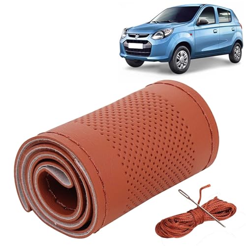 Image of KINGSWAY PU Leatherite Car Steering Cover Sewable Compatible with Maruti Suzuki Alto (Year 2012 Onwards), Tan Color with Tan Thread, Pack of 1 with Sewing Needle and Thread