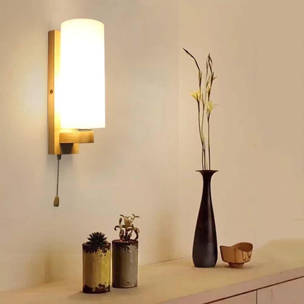 AoLa Holz Wandleuchte mit Zugschalter E27 Wandlampe Innen mit Rund Glas Lampeschirm Vintage Landhaus Schlafzimmer Nachtlicht Modern Metall Nachttischlampe für Schlafzimmer Wohnzimmer Flur