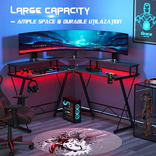 Hytxen Gaming Desk With Led Lights, L Shaped Corner Computer Desk With Power Strip, Carbon Fiber Surface Gaming Table With Monitor Stand＆Cup Holder, Headphone Hook, Graphite Black #TOP5