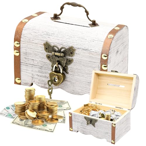 Forbabe Schatzkiste Holz Vintage Spardose mit Schloss Piraten Schatztruhe Klein Schatzkiste mit Schloss Holztruhe mit Deckel für Kindergeburtstag Schatzsuche (14.5x10.5x10.3cm Hellgrau Weiße)
