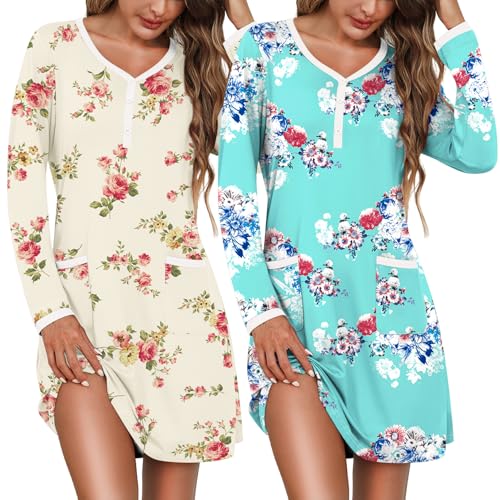 Marvmys Women's 2 Pack Nightgown Long Sleeve Henley Sleepshirt Soft Short Pajama Dress with Pockets White Floral& Aqua Floral 3X-Large