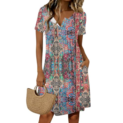 Summer Dresses for Women Trendy Casual V Neck Midi Dress Loose Aline Short Sleeve Dress Button Down Dresses with Pockets（2-Blue,Large）