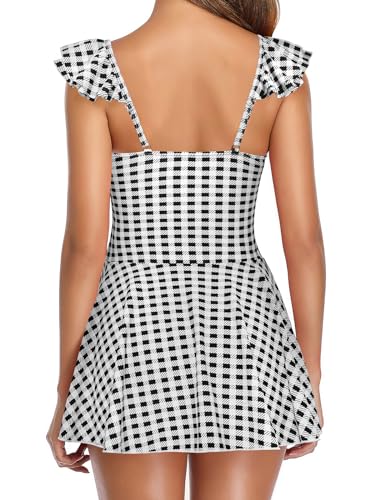 Women's One Piece Ruffle Swimsuit Tie Knot Front Ruched Vintage Swimdress2