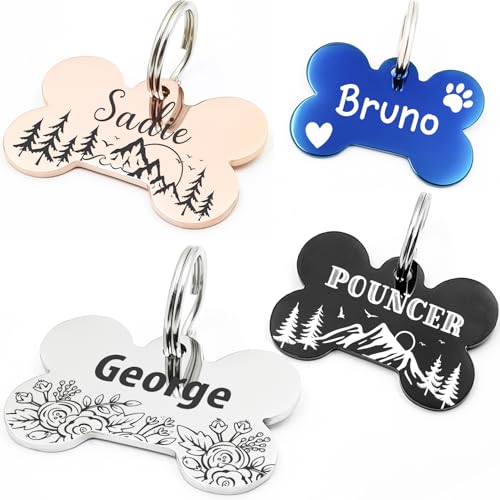 Personalized Pet ID Tags, Customizable Hexagon, Bone and Round Shapes, Multiple Designs with Mountain, Floral, and Night Sky Patterns, Stainless Steel Dog and Cat Tags (Bone)