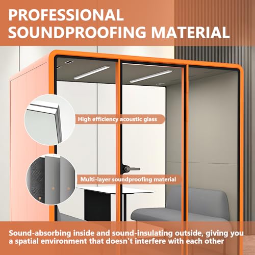 Cabina de sonido para oficina con privacidad acústica - Cabina insonorizada con estructura de placa de acero y marco naranja con esquinas curvas, tamaño 70.27×90.55 pulgadas miniatura 4