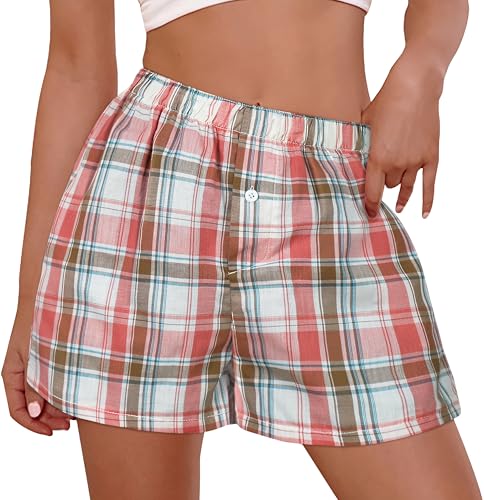 Image of Women Boxer Shorts Summer Gingham Pj Casual Plaid Bottoms with Pocket