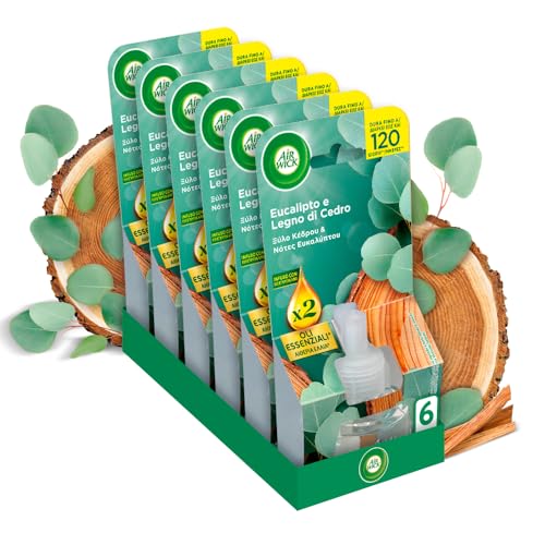 Air Wick Diffusore Elettrico di Oli Essenziali, 6 Ricariche per Diffusore Elettrico alla Fragranza Eucalipto e Legno di Cedro, Profumatore per Ambienti Elettrico con Oli Essenziali