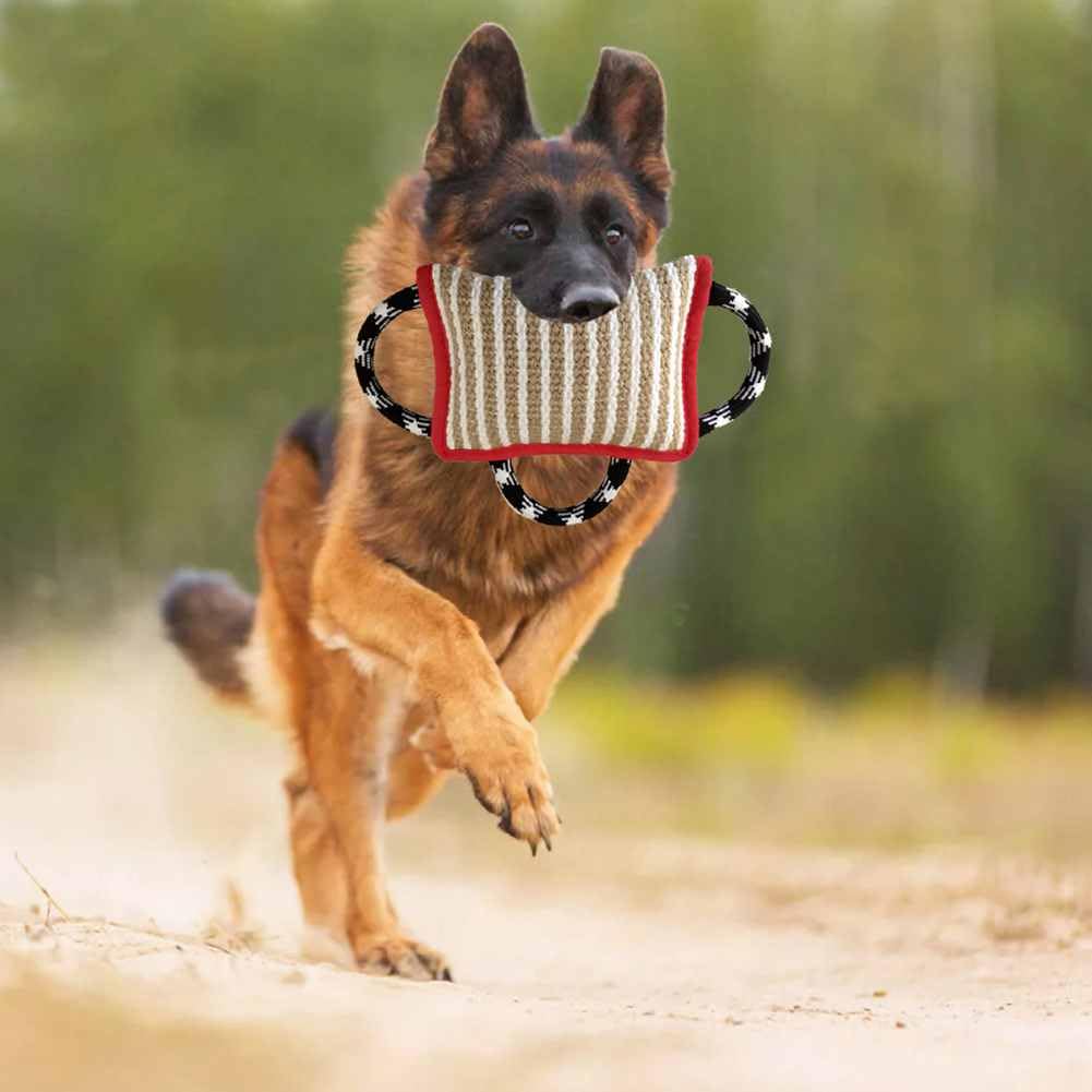 Hund Beißkissen Jute Beisswurst K9 Training mit 3 Griff Tauziehen Hundespielzeug Hundebiss Spielzeug Robustes Hundespielzeug für Hundetraining interaktives Spielen vertikaler Streifen Farbe