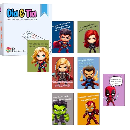 Image of Dia & Tia - 8 Elegant & Durable Superhero Themed Magnetic Bookmarks Set � Nature, Fantasy, Inspirational Quotes, and More | Perfect for Students, and Gift Ideas (Super Heroes, Large - 5x15 cm)