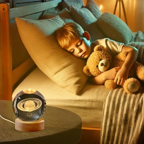 Image of 3D Saturn Crystal Ball Night Light with Wooden Base, Table Lamp