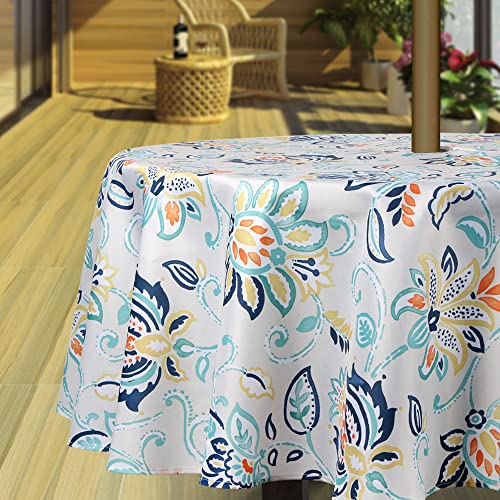 Hipinger Outdoor Tablecloth with Umbrella Hole and Zipper, Patio Table Cloth,Heavyweight Stain Resistant Waterproof,60 Inch Round, Light Floral by Hipinger - Used condition - US$13.36