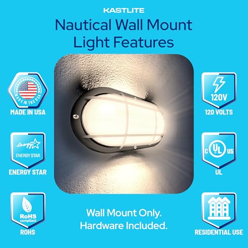 Image of KASTLITE Outdoor LED Bulkhead Light Fixture, 9.5W Energy Star 5000K Oval Wall Mount Nautical Lighting, Rust-Proof Polycarbonate Build for Wet Locations, Porch Patio Dock & Exterior Lights, FE104 /Black