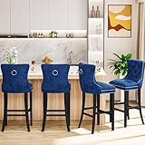 DKLGG 27''H Counter Height Bar Stools Set of 4, Velvet Tufted High Bar Stools with Back and Footrest, Upholstered Bar Tall Chairs for Kitchen Island, Dining Room, Pub(Blue)