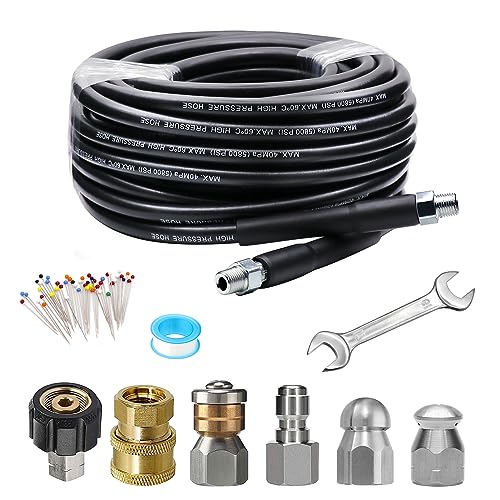 WEST BAY Sewer Jetter Kit 25 FT for Pressure Washer, 5800 PSI Drain Cleaner Hose 1/4 Inch NPT Corner Rotating and Button Nose Sewer Jetting Nozzle Spanner WatertightTape Pearl Corsage Pin