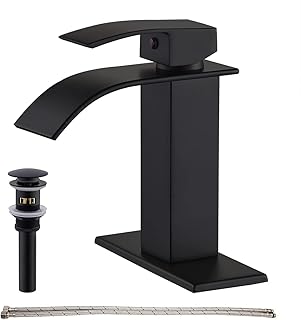 HIHIA Waterfall Spout Bathroom Faucet with Deck Single Handle Matte Black with Pop Drain Without Overflow Commercial Modern Lavatory Deck Mount (One or 3 Hole)
