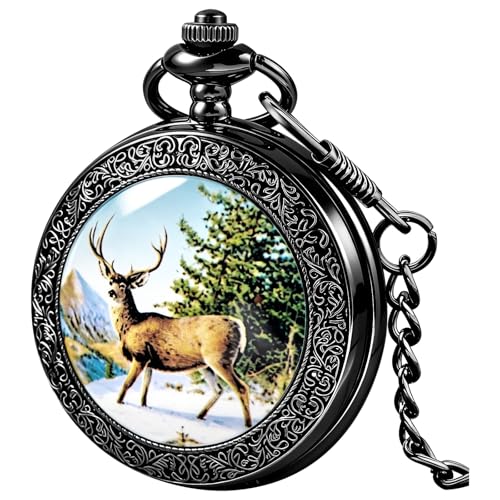 Image of Deer Pocket Watch for Men Pocket Watches with Chain Gift for Father's Day | Vintage Deer Case Pocket Watch Mens Quartz Watches with Chains Christmas Graduation Birthday Gifts Fathers Day