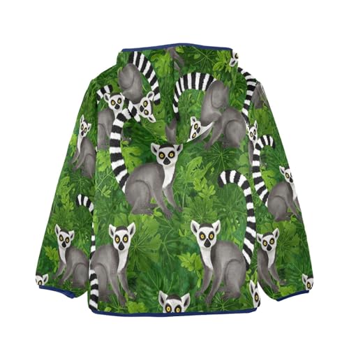 Lemurs Green Leaves Pattern Toddler Fleece Jacket Girl Boys Hooded Fleece Jacket Coat Warm Outwear Zip-up 3-10T2