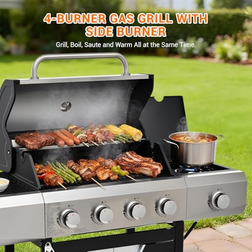 Image of EUHOME 4-Burner Gas Grill with Side Burner & Cover, 51000 BTU Stainless Steel Outdoor BBQ Grill, 452 sq.in Cooking Area, Ideal for Backyard, Patio Large Gatherings