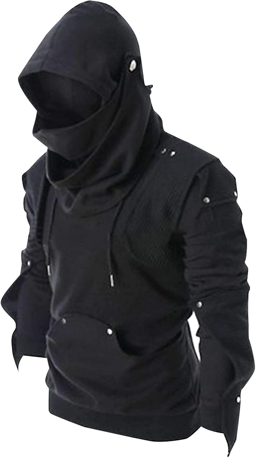 Mens Punk Mask Hooded Pullover Goth Hoodies Techwear Cyberpunk Streetwear Tactical Sweatshirt - Image 2