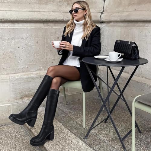Image of Choiran Knee High Boots for Women - Platform Chunky Square Toe Tall Boots with Block Heeled Side Zipper, Fashion Long Gogo Boots for Spring Fall