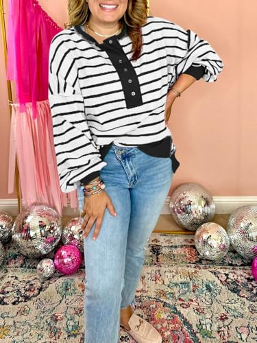 Tankaneo Womens Oversized Striped Sweatshirts Henley Shirts Color Block Casual Pullover Waffle Knit Tops Black White — view 6