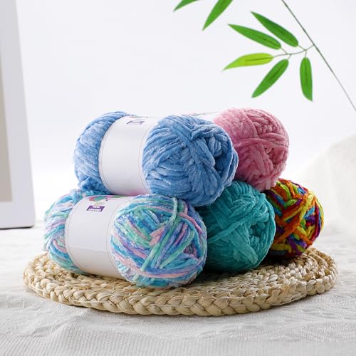 Image of 4 Skeins Soft Chunky Chenille Yarn, Plush Velvet Yarn for Hand Knitting and Crocheting, Fluffy Yarn for Crochet Blankets, Scarves, Hats(4x3.5oz, 4x131.2yds) (Rainbow Color)