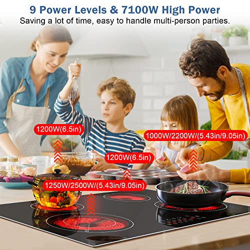 Karinear Electric Cooktop 30 Inch, 4 Burners 7100W Built-In Radiant Electric Stove Top, Ceramic Cooktop With Glass Protection Metal Frame, Kid Safety Lock, Timer, Pause,220-240V Hard Wire, No Plug #TOP1