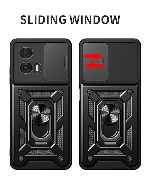 Image of SPAZY CASE Moto G96 Back Cover | Heavy Duty Hybrid Case with 360 Degree Rotating Finger Ring Holder + Slider Shutter Camera Protection Case for Moto G96 - Black