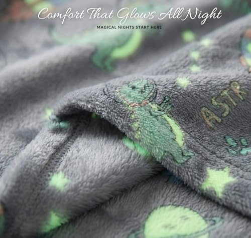 Image of BSB HOME Glow in The Dark Kids Blanket, Soft Flannel Fleece Luminous Blanket for Boys & Girls, Cozy Lightweight Kids Throw for Bed - 42 x 60 in (107 x 152 cm) (Dinosaur & Space Theme - Charcoal Grey)