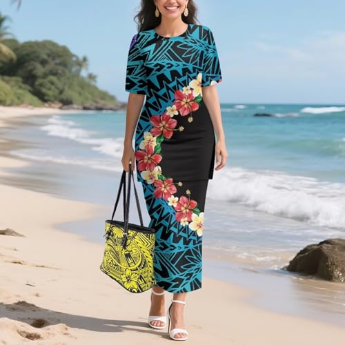 Image of Puletasi Samoan Traditional 2 Piece Outfits for Women Short Sleeve Crop Top and Maxi Skirt Sets Puletasi Dress
