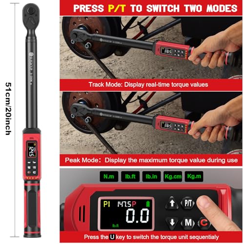 Image of SUERCUP 1 /2 inch Digital Torque Wrench, 2.2-147.5Ft.Lb /3-200N.m, ±1% Accuracy | Electronic Torque Wrench, Vibration, Buzzer, LED Flash,9 Presets & 5 Units for Engine /Suspension, Lug Nut, Car & Moto Repair