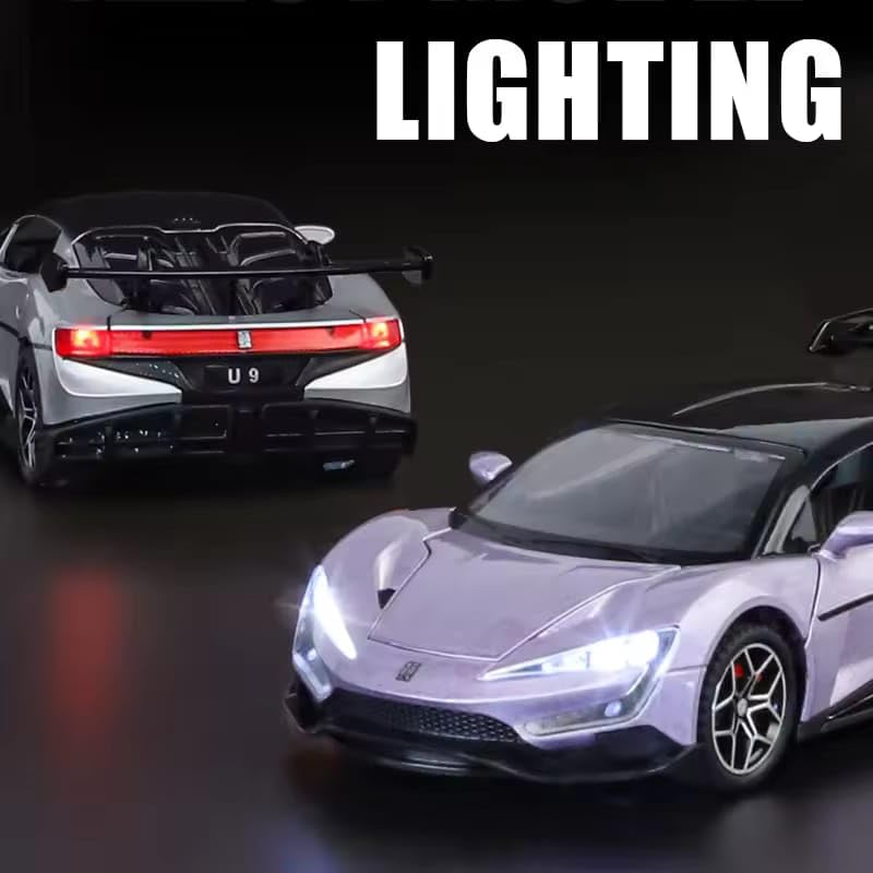 Image of 1:32 Scale Die Cast BYD u9 Sports Car Model - Metal Body Pull Back Toy Car with Openable Doors, Realistic Design for Kids & Collectors (BYD U9 Style, Amethyst Purple Color)