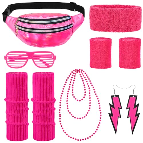 Camptrip 80er Jahre Accessoires 80er Jahre Outfit Damen Mit Bauchtasche Stirnband Beinwärmer Armbänder Brille Halskette Und Ohrring Für Karneval Neon Party