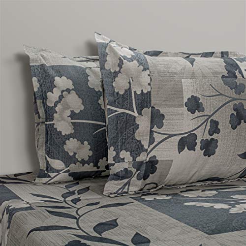 Image of Swayam Pure Cotton King Fitted Bedsheet with 2 Pillow Covers | Size 72 x 78 x 10 inch | 160 TC | Leaf Design | Soft Breathable Bed Sheet | Comfortable & Durable for Bedroom - Grey