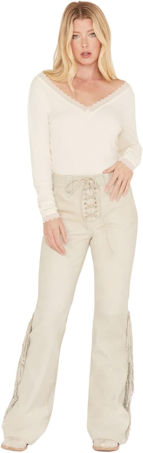 Idyllwind Women's Huntsville High Rise Leather Fringe Flare Pants Stone XX-