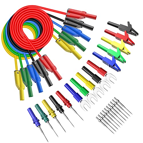 Cleqee Juego de 30 cables de prueba de silicona para enchufe de plátano, 4 mm, totalmente aislado, clips de cocodrilo, enchufe de pala y pasadores de sonda traseros para pruebas de multímetro Cover